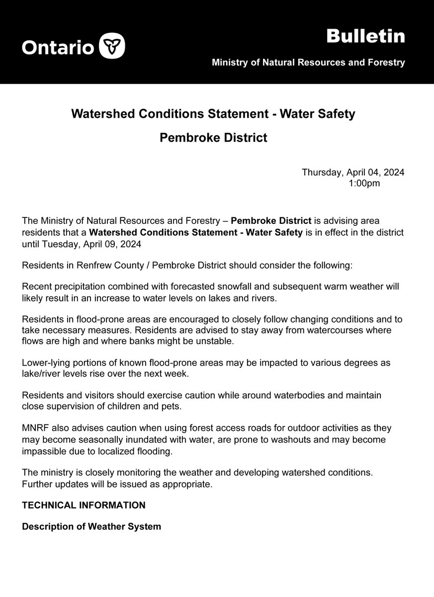 RenfrewCounty's tweet photo. Please be advised the @ONresources Pembroke District has issued a Watershed Conditions Statement - Water Safety bulletin, which will remain in effect until April 9.
See additional details below.
#WaterConditionsStatement
#WaterSafety
#SpringFreshet
#RenfrewCounty https://t.co/fPJeRJW7U1