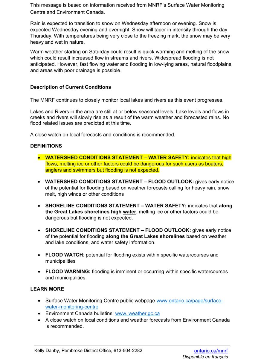 RenfrewCounty's tweet photo. Please be advised the @ONresources Pembroke District has issued a Watershed Conditions Statement - Water Safety bulletin, which will remain in effect until April 9.
See additional details below.
#WaterConditionsStatement
#WaterSafety
#SpringFreshet
#RenfrewCounty https://t.co/fPJeRJW7U1