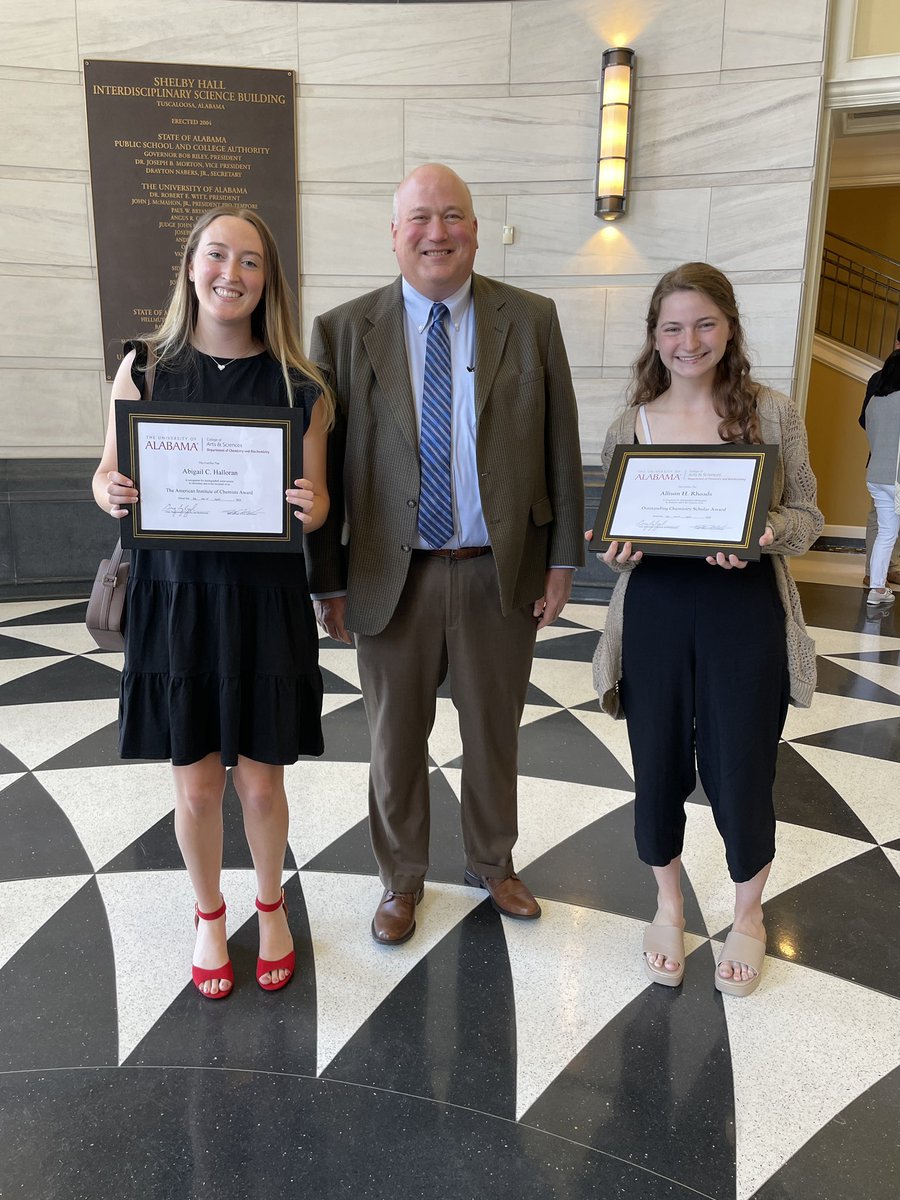 Congratulations to undergrad researchers Abbie Halloran and Allison Rhoads who received awards at <a href="/UAChemistry/">Alabama Chemistry</a> honors day ceremony.