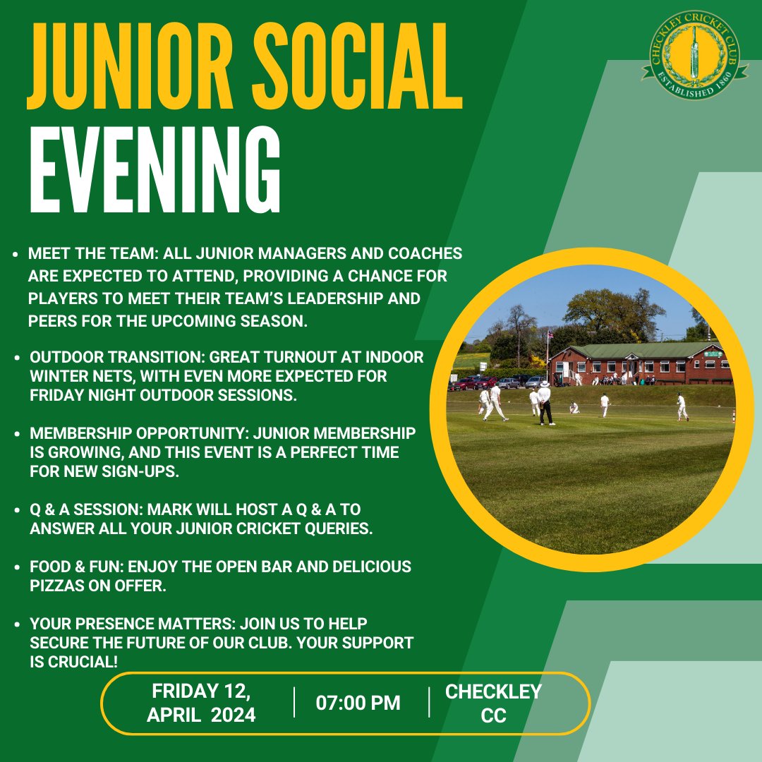 Our Junior Social Evening is coming up on Friday 12th April 2024 and we'd love to have all our junior's parents there! #checkleycc #nsscl #uptheaces