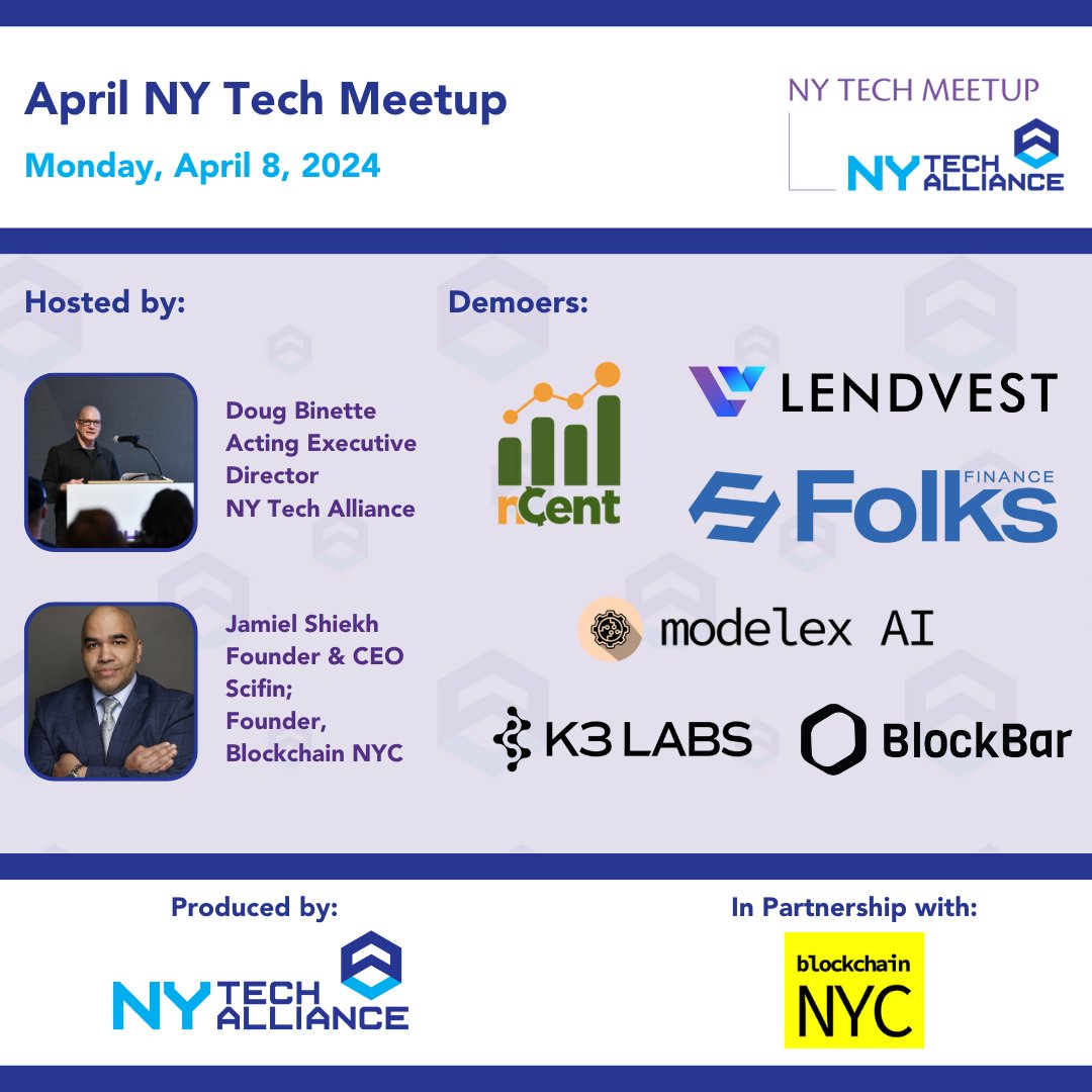 Don't miss the @NYTechAlliance Meetup on Monday! We're teaming up with @BlockchainNYC to showcase blockchain tech demos. Co-hosted by @dougbinette, @JamielShiekh, and Blockchain co-founder Stuart Haber. Register: bit.ly/3IZEZ4j #NYTechMeetup