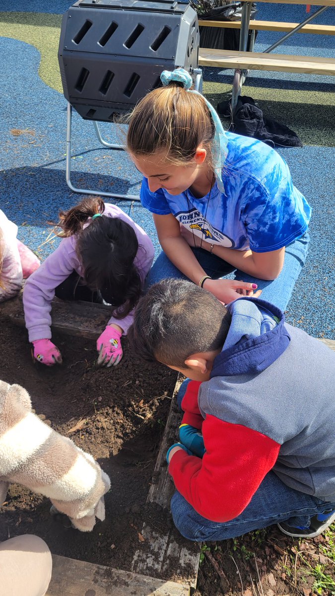 Today was our first day of Spring Garden Club. We did some weeding in the raised beds and planted red 🥔  potatoes. Second grader, Scarlett said, 'It was very messy and we had to work hard. We got to take home some mint and oregano.' #BeEager #EagerEagles #AltheaHugginsHabitat