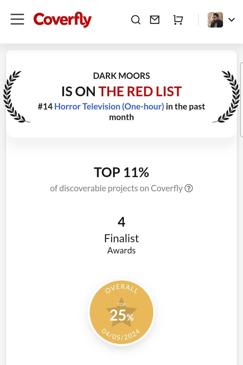 My horror/comedy TV pilot, "Dark Moors", creeps (pun intended) into the top 11% of discoverable projects on Coverfly ✍️ 🎉
