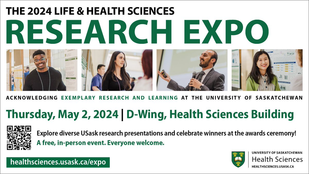 FREE #USaskResearch EVENT MAY 2! Competition categories will explore basic, translational, clinical and applied science as well as social & population health. Poster competition = 10am-1:30pm. Award ceremony @ 2:30 pm. Full details: healthsciences.usask.ca/expo #USaskHealth