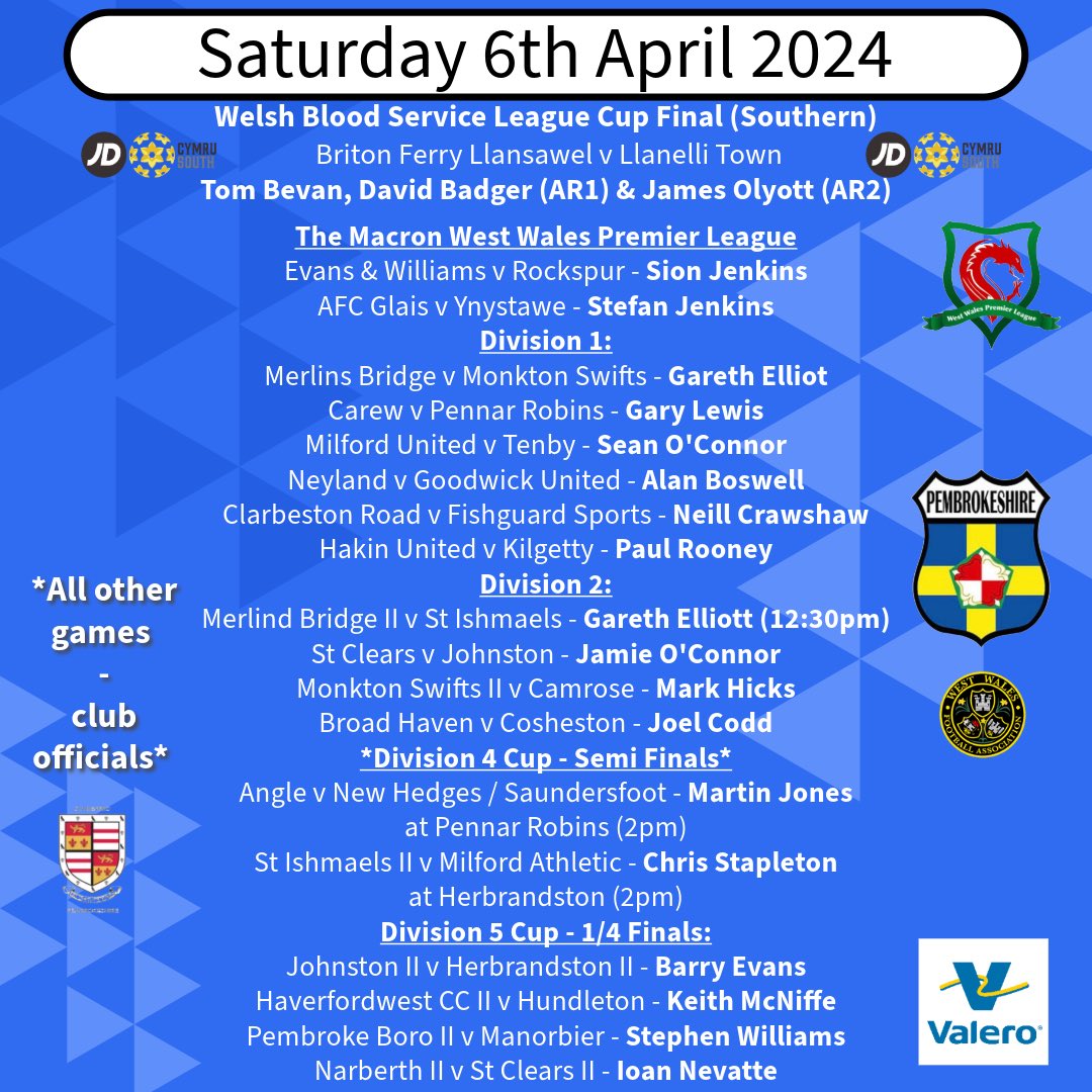 Pembrokeshire Referees Society (@pembsrefs) on Twitter photo Good luck to Tom, David and James in the WBS league cup final at Ammanford.
The Jenkins brothersβ are in <a href="/PremierWales/">The Macron West Wales Premier League</a> action. Top 2 in action here!
Division 4 semi finals take place; Martin and Stapes take charge of these!
A busy week of fixtures.Shout out to Ian Baker π Good luck to Tom, David and James in the WBS league cup final at Ammanford.
The Jenkins brothersβ are in <a href="/PremierWales/">The Macron West Wales Premier League</a> action. Top 2 in action here!
Division 4 semi finals take place; Martin and Stapes take charge of these!
A busy week of fixtures.Shout out to Ian Baker π