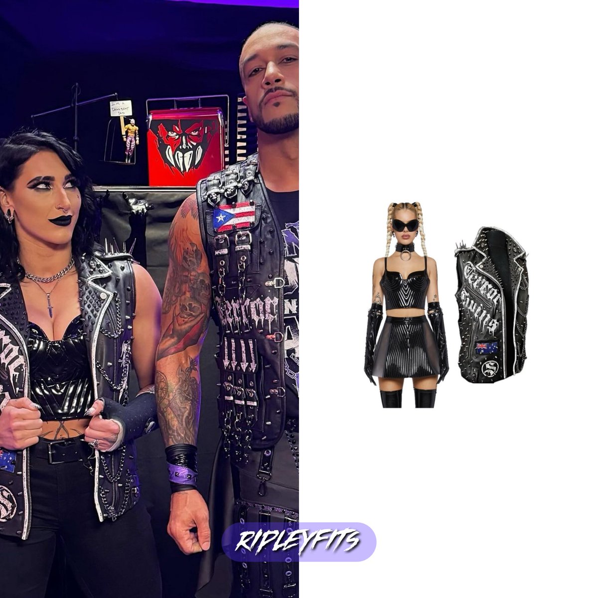 Rhea via Instagram post with @archerofinfamy, 4 days ago - Shirt: @dollskill Masochistic Magic Corset Top ($38.40 from $48.00 - Available) Jacket: Saints of the Undead Custom Jacket - 📸 All rights go to the owner of the photo(s) @rhearipley_wwe #rhearipley #rhearipleywwe