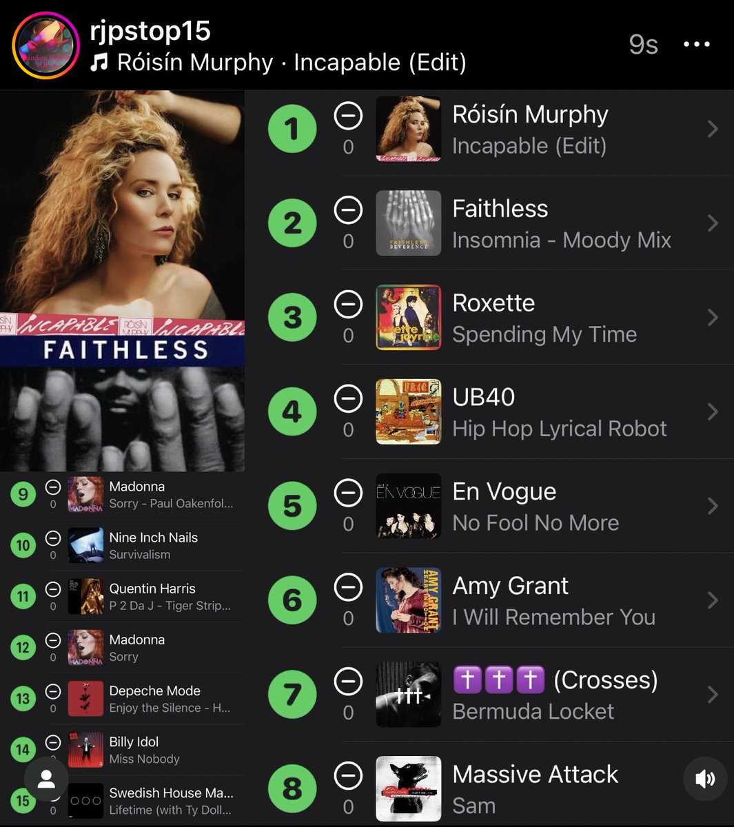 RANDOM PLAYLIST TOP 15: Jan 19/24 Listen and follow via Instagram link in bio #swedishhousemafia #tydollasign #070shake #billyidol #depechemode #madonna #quentinharris #nineinchnails #massiveattack #crosses #amygrant #envogue #ub40 #roxette #faithless #roisinmurphy