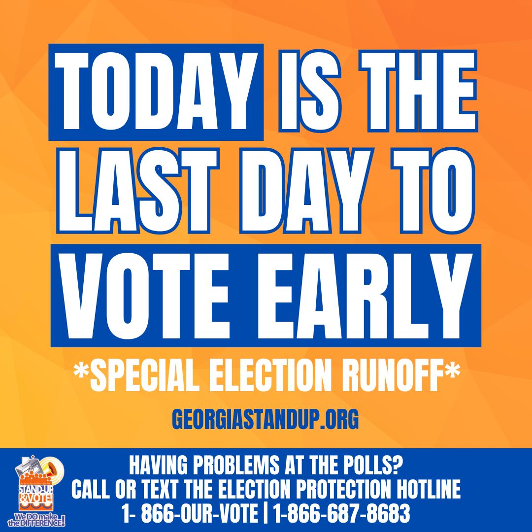 TODAY is the last day to vote early for the special election runoff! Unsure if your county has a special election runoff? We've got you covered! Click the link in our bio or head over to georgiastandup.org to check if your county has one. #GaVoter #GaSTANDUP