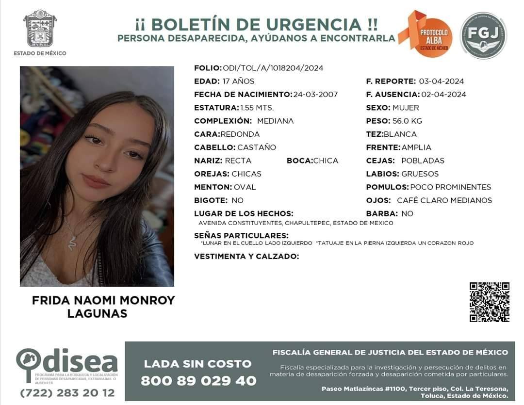 Solicitamos su apoyo para localizara a FRIDA NAOMÍ MONROY LAGUNAS de 17 años, vista por última vez el 02/04/24 en #Edomex ¿La has visto?🔁@alejandraguayoa @ehiramhurtado @enriquemunozFM @AdrianaParamo @lydicar @_ElenaRios @inakimanero @EddyWarman @LaloGonzalezM @VanessaBauche