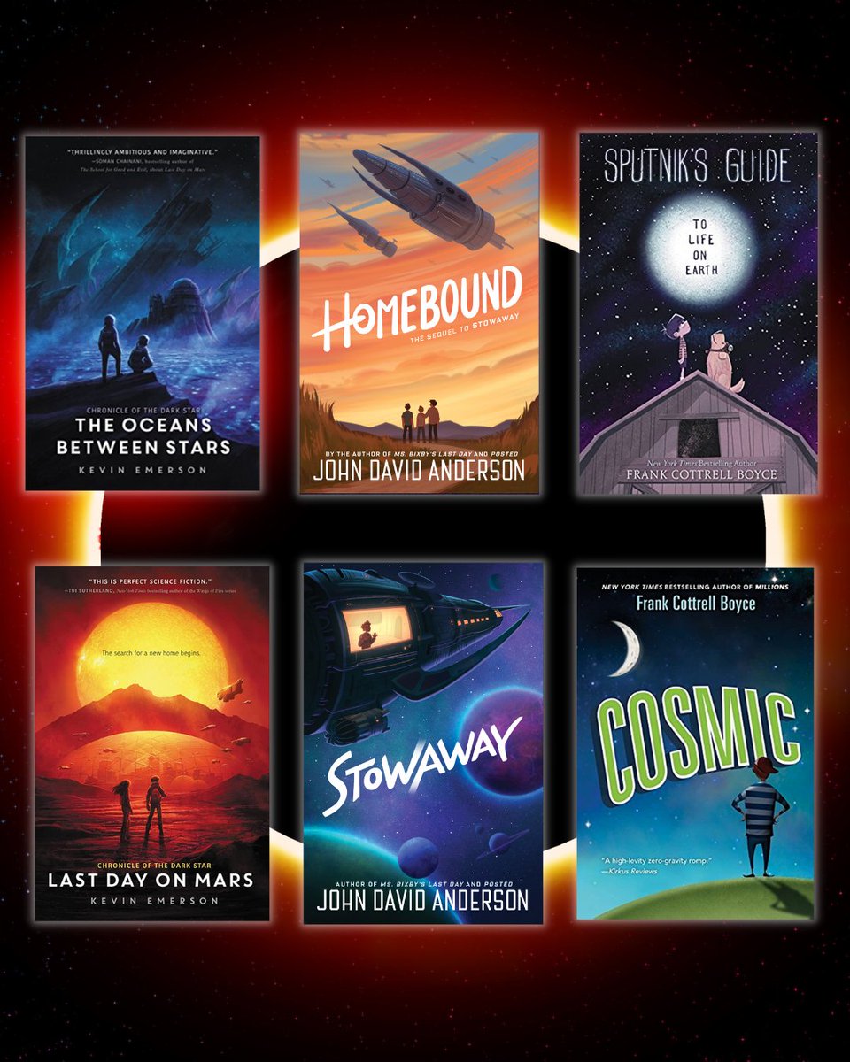 Some out of this world book recommendations for kids excited about the eclipse! 🌕🌖🌗🌘🌑🔭😎 🪐 STOWAWAY & HOMEBOUND by @anderson_author ☄️ THE LAST DAY ON MARS & THE OCEANS BETWEEN STARS by @kcemerson 🔭 COSMIC & SPUTNIK’S GUIDE TO LIFE ON EARTH by @frankcottrell_b
