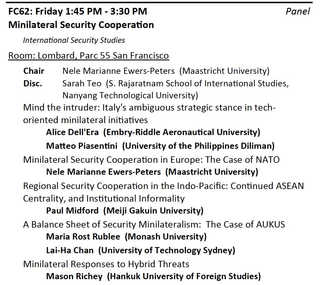 No plans for the afternoon #ISA2024? Join us for our talk on #minilateralism and security in NATO and Asia Pacifica ⬇️