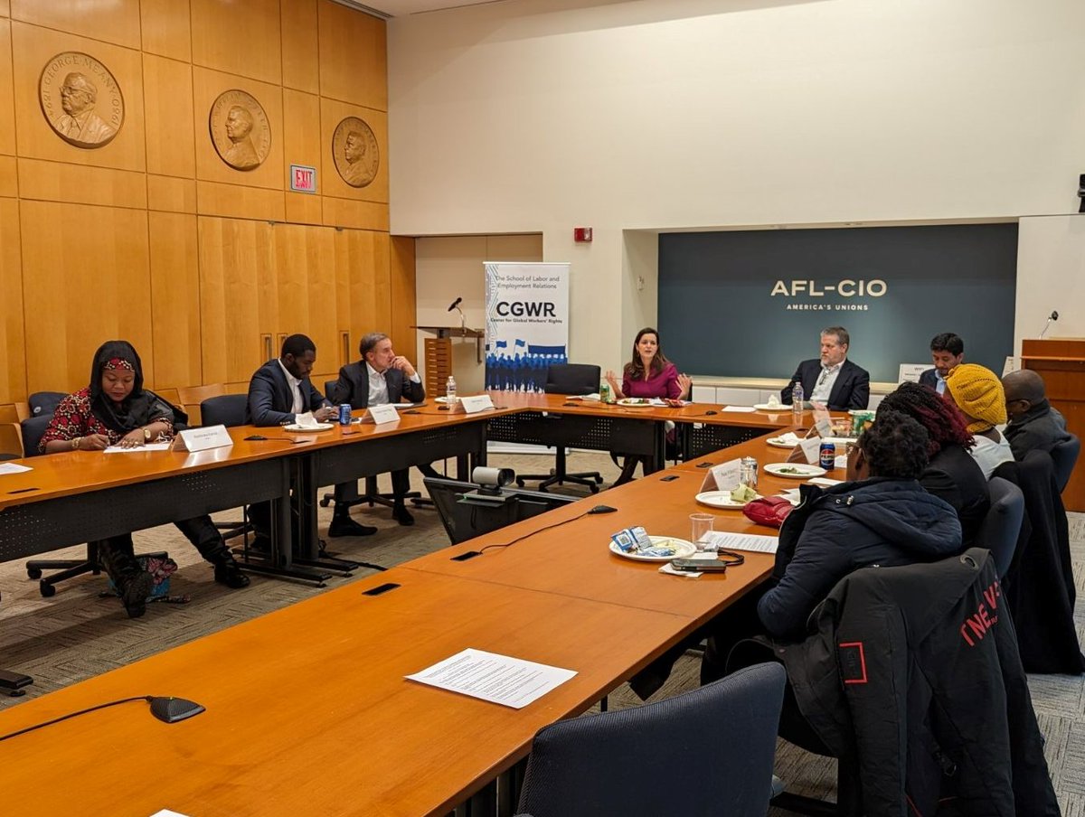 Trade unionists from 🇰🇪, 🇳🇬, 🇬🇭, and 🇿🇦 shared views on achieving decent work with #SpecialRepLabor at the 10th annual Global Worker Rights Symposium with @PennStateLER, @AFLCIOGlobal, and @Solidaritycntr. Unions are enabling workers to shape the future of work.