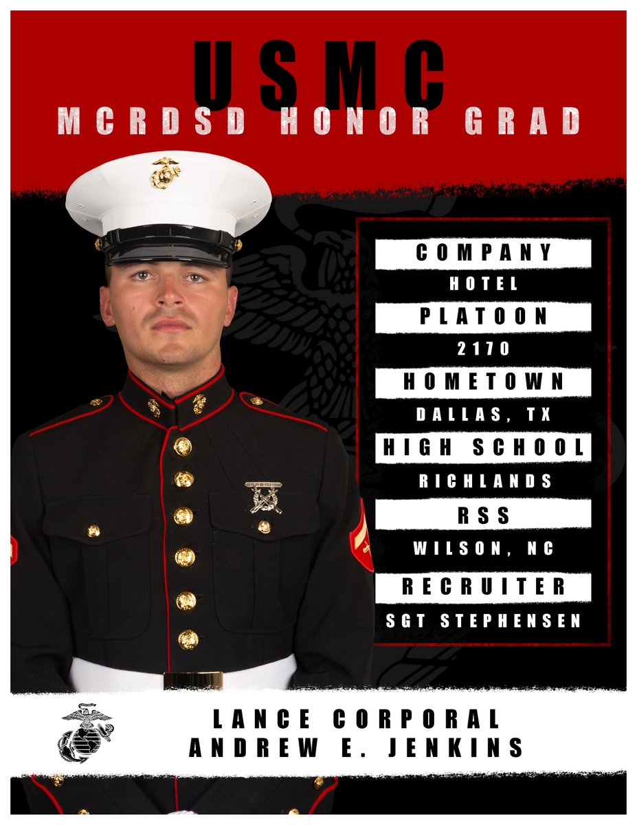 Congratulations to one of #America's newest @usmc #Marines, honor #graduate of #Hotel Company! Lance Cpl. Jenkins is originally from #Dallas, #Texas @8MCDMarines but was recruited from N.C. @USMarineCorps #Congratulations to all Marines of Hotel Company & welcome to our Corps!