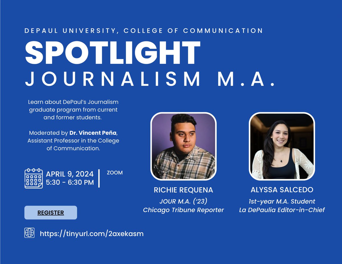 Join us on April 9 to learn about DePaul University College of Communication Journalism M.A. Program at our Spotlight event featuring current and former students and faculty. There's still plenty of time to register: grad.depaul.edu/register/?id=a…
