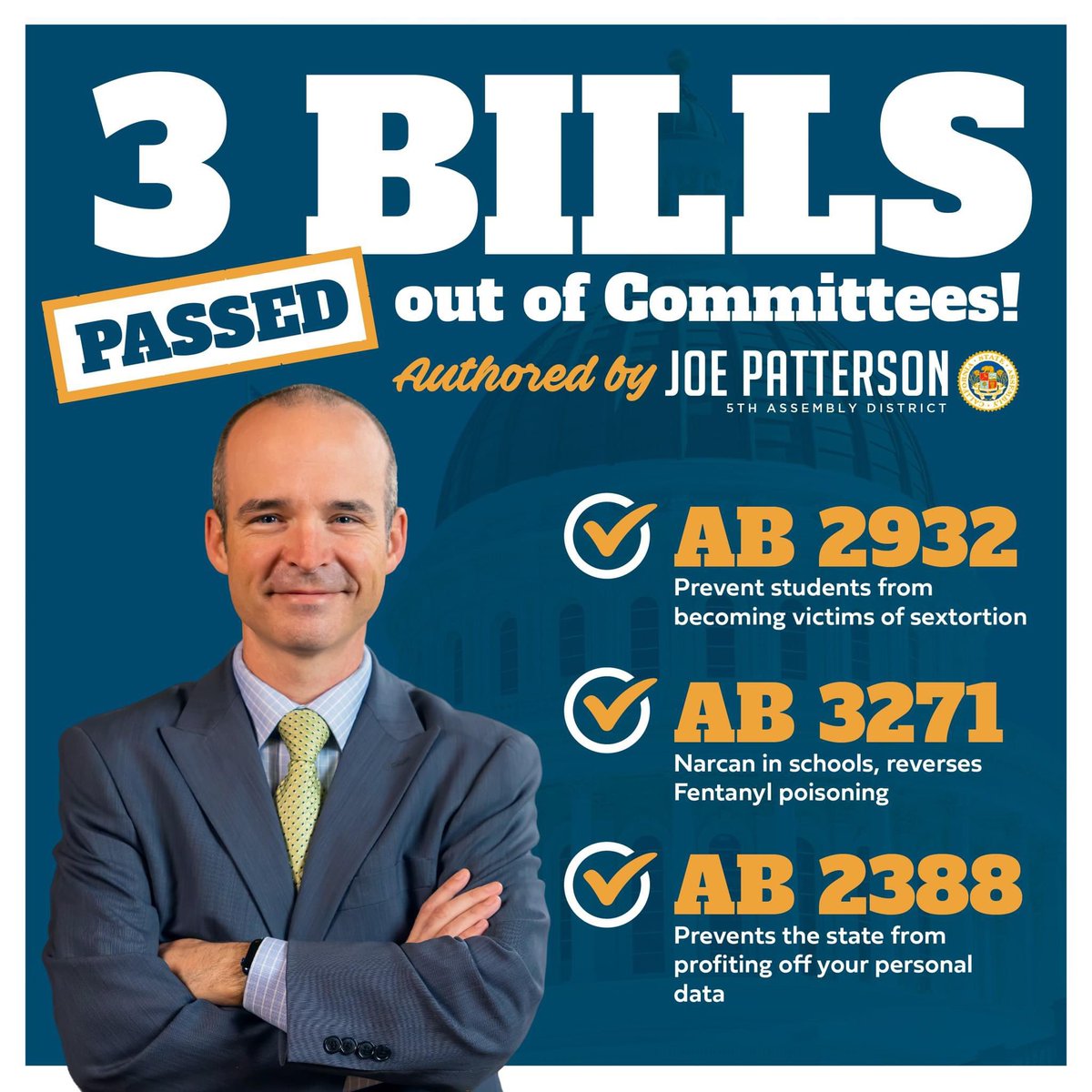This week THREE of my bills passed out of committees! AB 2932, AB 3271, and AB 2388 are critical bills to protect our residents, especially our students. It’s an honor to fight for you.