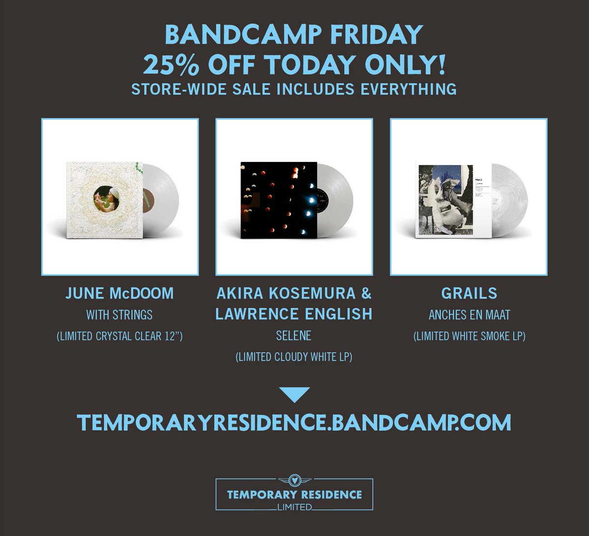 We are entering the final hours of our massive 25% off sale in our @Bandcamp shop! It includes EVERYTHING new and old, including new ones from @akira_kosemura & Lawrence English, June McDoom, and Grails! Dreams come true: temporaryresidence.bandcamp.com