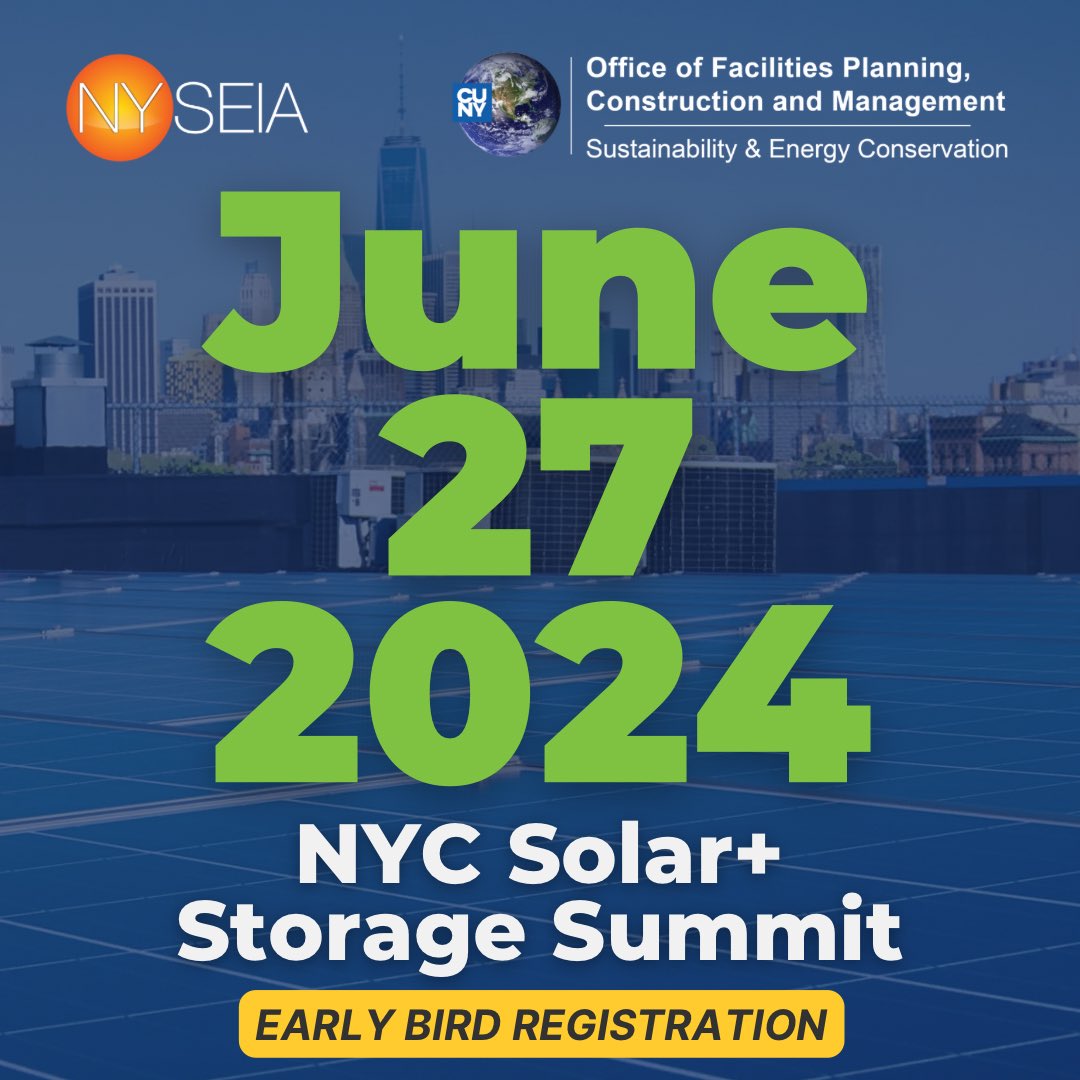 🐤 Early bird registration for the 2024 NYC Solar + Storage Summit closes on 4/30! Event Details: 🗽 NYC Solar + Storage Summit 🗓️ Thursday, June 27, 2024 📍 John Jay College Gerald W. Lynch Theater, 524 W 59th St, New York, NY 10019 Get tickets here: nyseia.org/nyc-summit-2024