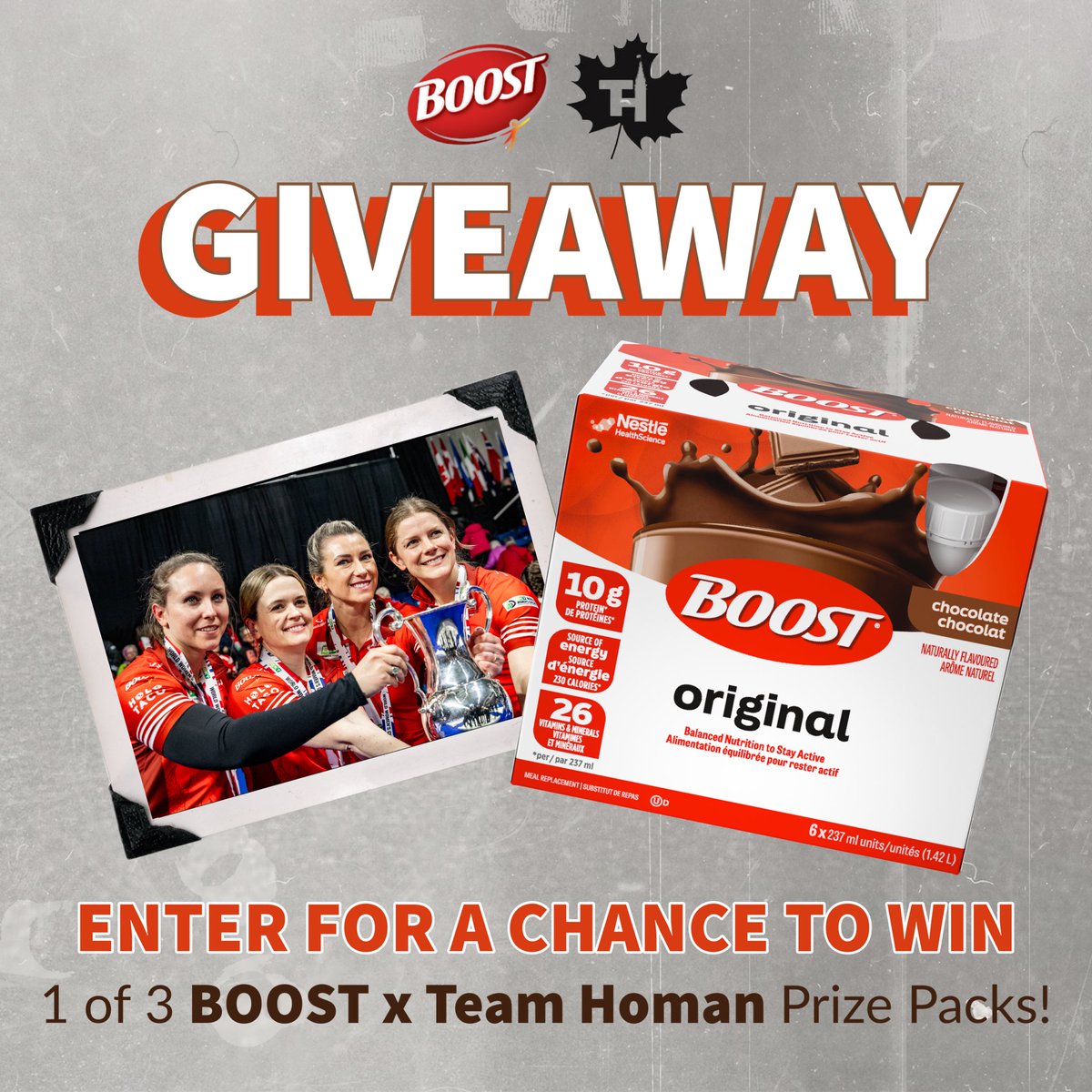 🚨GIVEAWAY ALERT | Team Homan x BOOST Prize Pack

3 winners will receive a prize pack each:
🥌 1 x autographed Team Homan Jersey
🧢 1 x Team Homan Hat
💪 BOOST Product Bundle

TO ENTER FOR A CHANCE TO WIN ⬇️

1) follow <a href="/teamhoman/">Team Homan 🥌</a> &amp; <a href="/NestleCA/">Nestlé Canada</a> 
2) like and tag your friends
