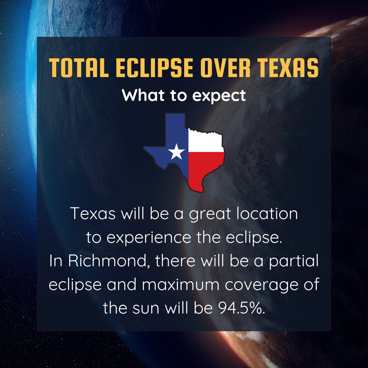 The total eclipse is on 4/8, this happens when the moon moves between the Earth and the sun and covers the sun entirely. In Richmond, there will be a partial eclipse and max coverage of the sun will be 94.5%. Be sure to use your solar glasses!🧐 🔗Watch: bit.ly/EclipseOverTX