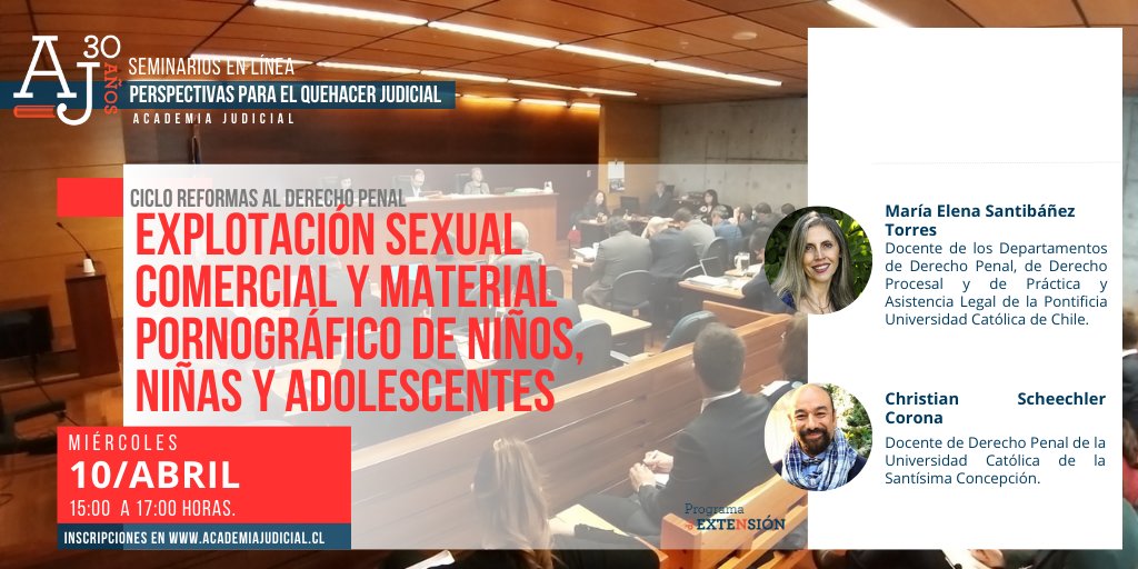 📢 10 ABRIL¡ participa con nosotros en el Ciclo de Seminarios en línea AJ @PJudicialChile @ChileColegio @derechouc @DERECHO_UCSC 🔍 Seminario «Explotación sexual comercial y material pornográfico de niños, niñas y adolescentes» ¡Inscríbete ahora! 📝 Ver link en comentarios 👇