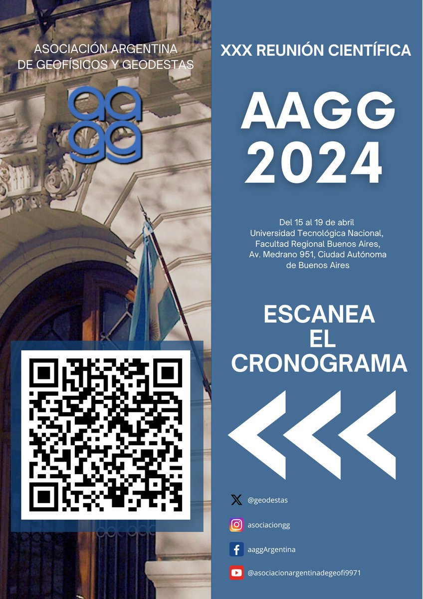 XXX Reunión Científica (AAGG2024)

🗓 Del 15 al 19 de abril de 2024

📍UTN Facultad Regional Buenos Aires. Av. Medrano 951, Ciudad de Buenos Aires, Argentina

📄🔎 Cronograma disponible en la web del Encuentro:

sites.google.com/view/aagg2024/…

¡¡LOS ESPERAMOS!!