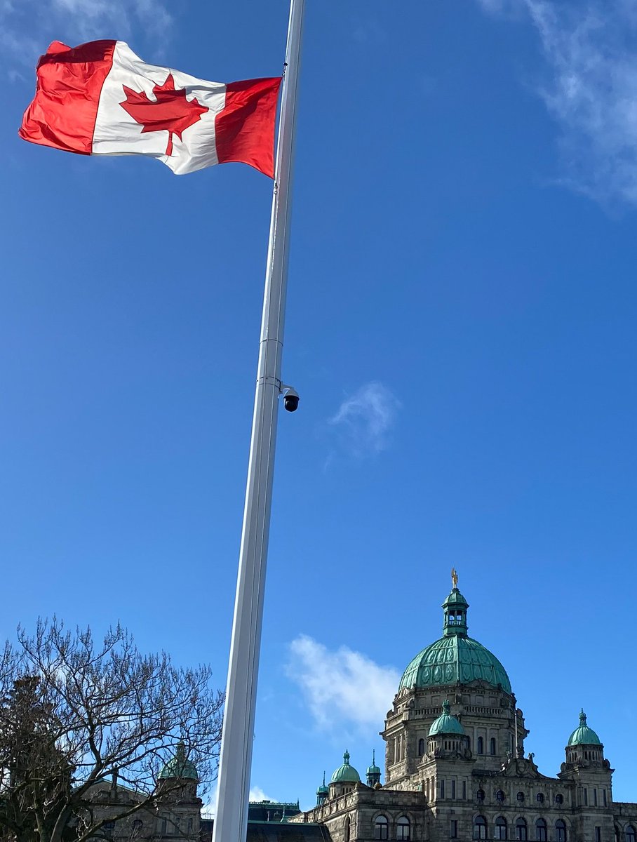 The #BCLeg Canadian flag is flying at half-mast until sunset on April 6 to honour the memory of Hon. Iona Campagnolo, PC, OC, OBC, 27th Lieutenant Governor of BC, who died on April 4 — a trailblazer and role model to many.