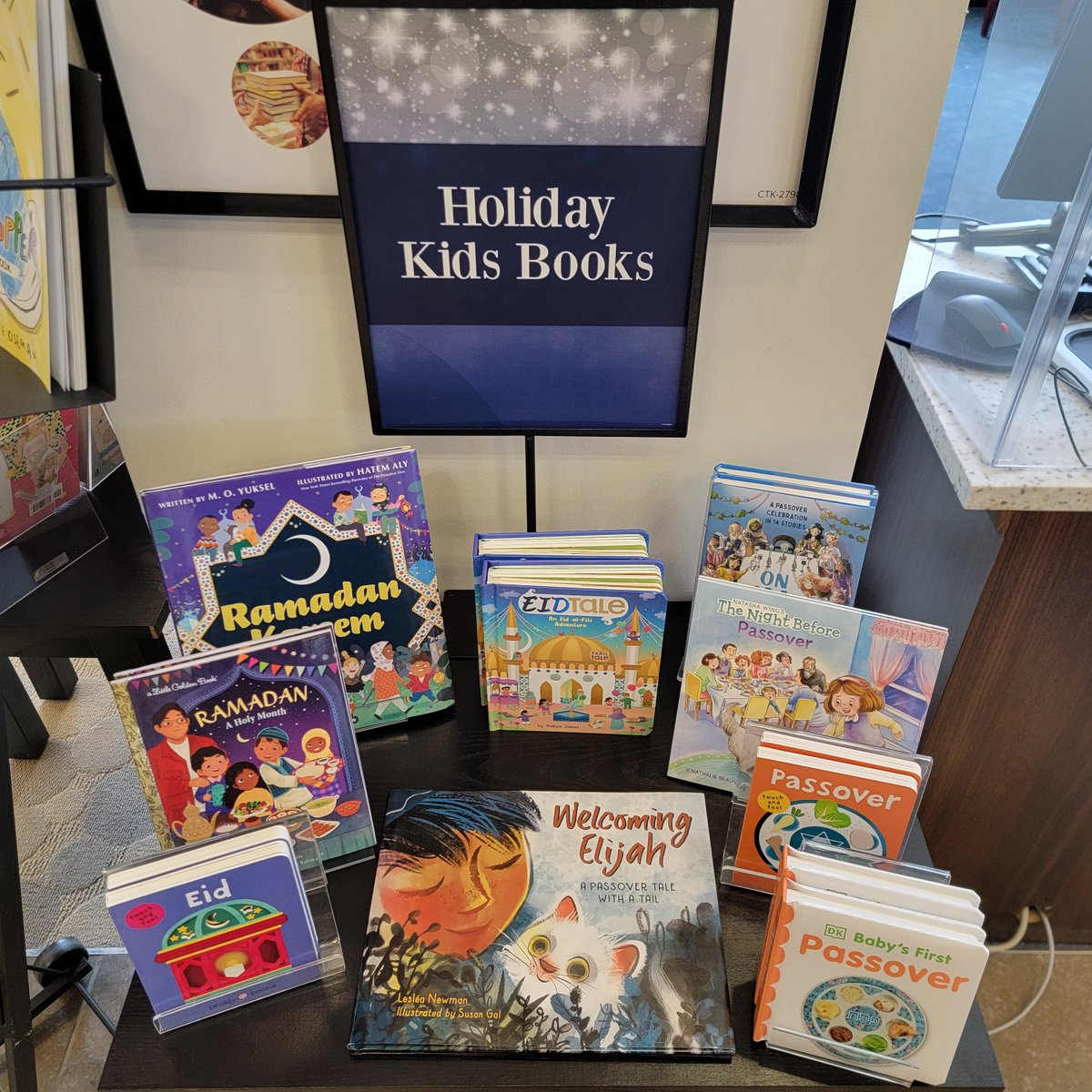 We've got a children's display of holiday books ready to celebrate upcoming holidays, including #Ramadan, #Eid and #Passover! #HolidayBooks