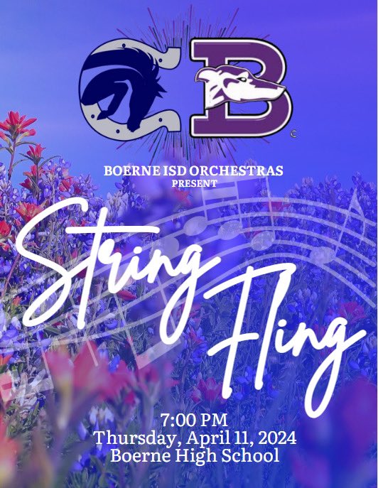 String Fling 2024! Come and listen to all the Boerne ISD Orchestras (6-12) perform together! This concert will be on Thursday, April 11 at the Boerne HS Gymnasium. It starts at 7 pm. @BoerneISD @BoerneFineArts @SamChampionHS @Boernehs @BoerneMSSouth @VossMiddle @BoerneMSNorth