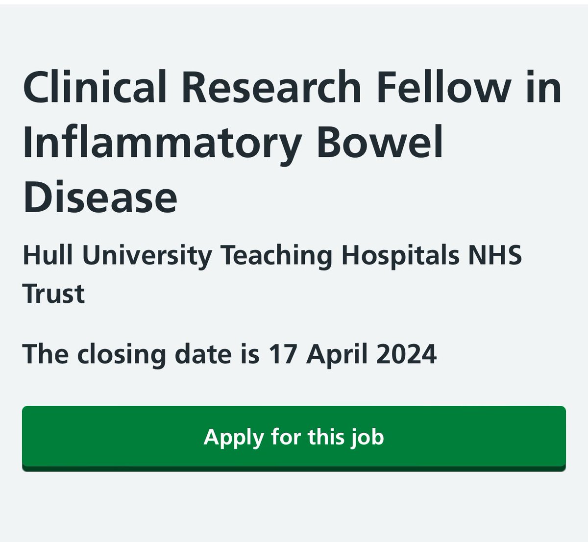 📣 💥 Opportunity to be the next #IBD fellow to join our team at @IbdHull to horne your skills in complex #IBD management and develop research 🔬🧐 skills Friendly integrated clinical and research #IBD team 👇 DMs open. Please retweet 🙏🏼 jobs.nhs.uk/candidate/joba…
