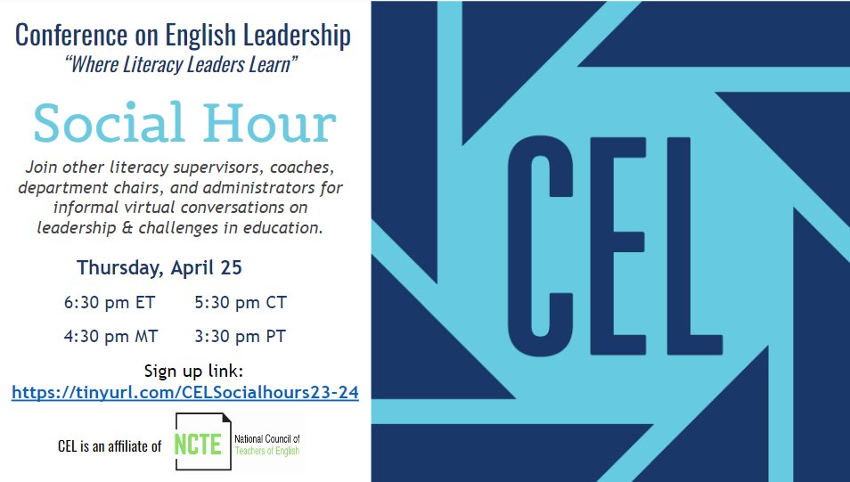 Join our virtual social hour and connect with other literacy supervisors, coaches, department chairs, teacher leaders and administrators for easy virtual conversations on the matters of leadership and more! Thursday, April 25, 6:30 p.m. ET. Learn more: tinyurl.com/CELSocialhours…