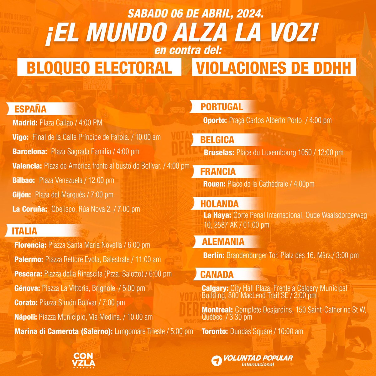 VoluntadPopular's tweet image. ¡EL MUNDO ALZA LA VOZ!

Más de 48 ciudades en el mundo 🌍 

En contra del Bloqueo Electoral y las Violaciones de DDHH en Venezuela 🇻🇪.

#QueremosVotar
#QueremosElegir