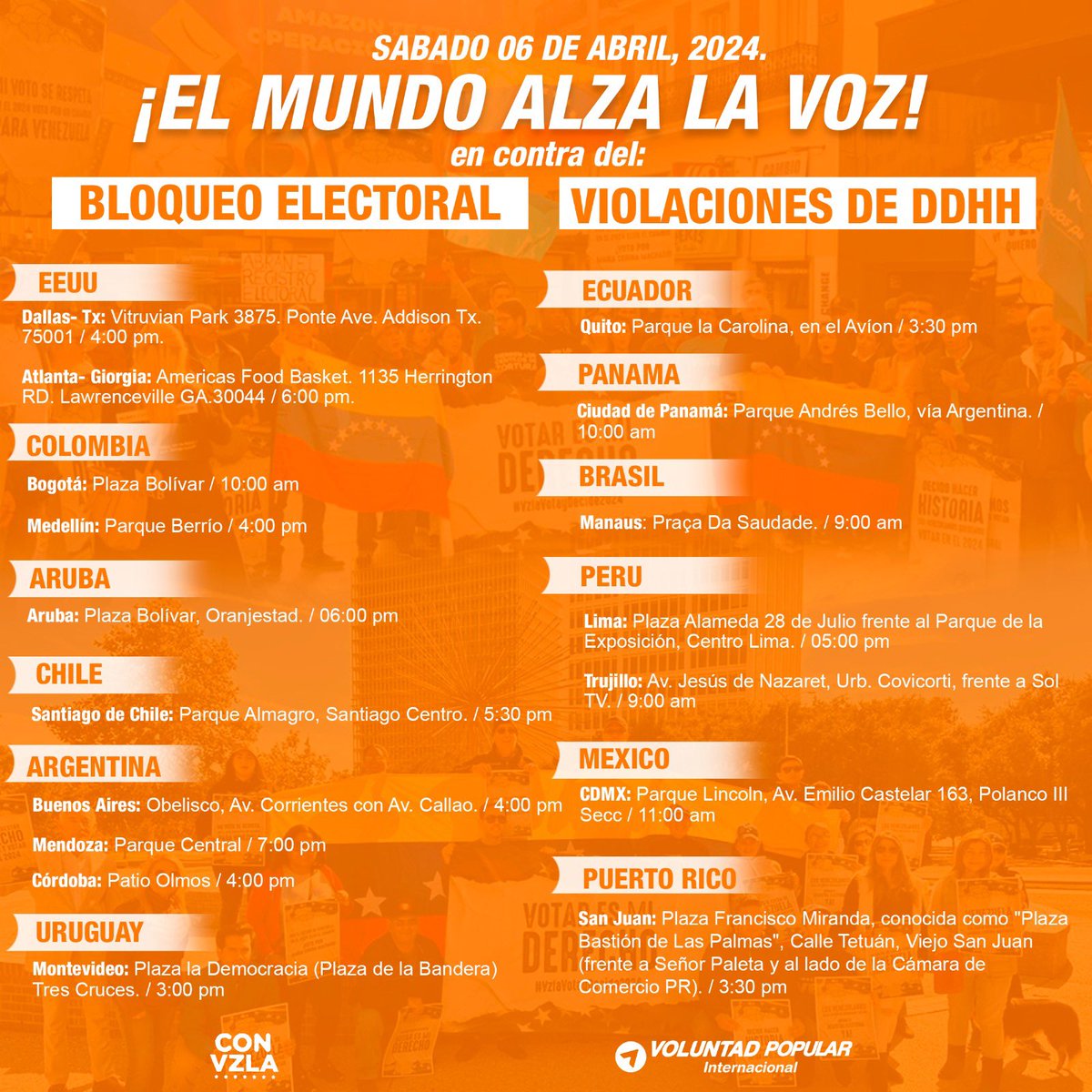 VoluntadPopular's tweet image. ¡EL MUNDO ALZA LA VOZ!

Más de 48 ciudades en el mundo 🌍 

En contra del Bloqueo Electoral y las Violaciones de DDHH en Venezuela 🇻🇪.

#QueremosVotar
#QueremosElegir