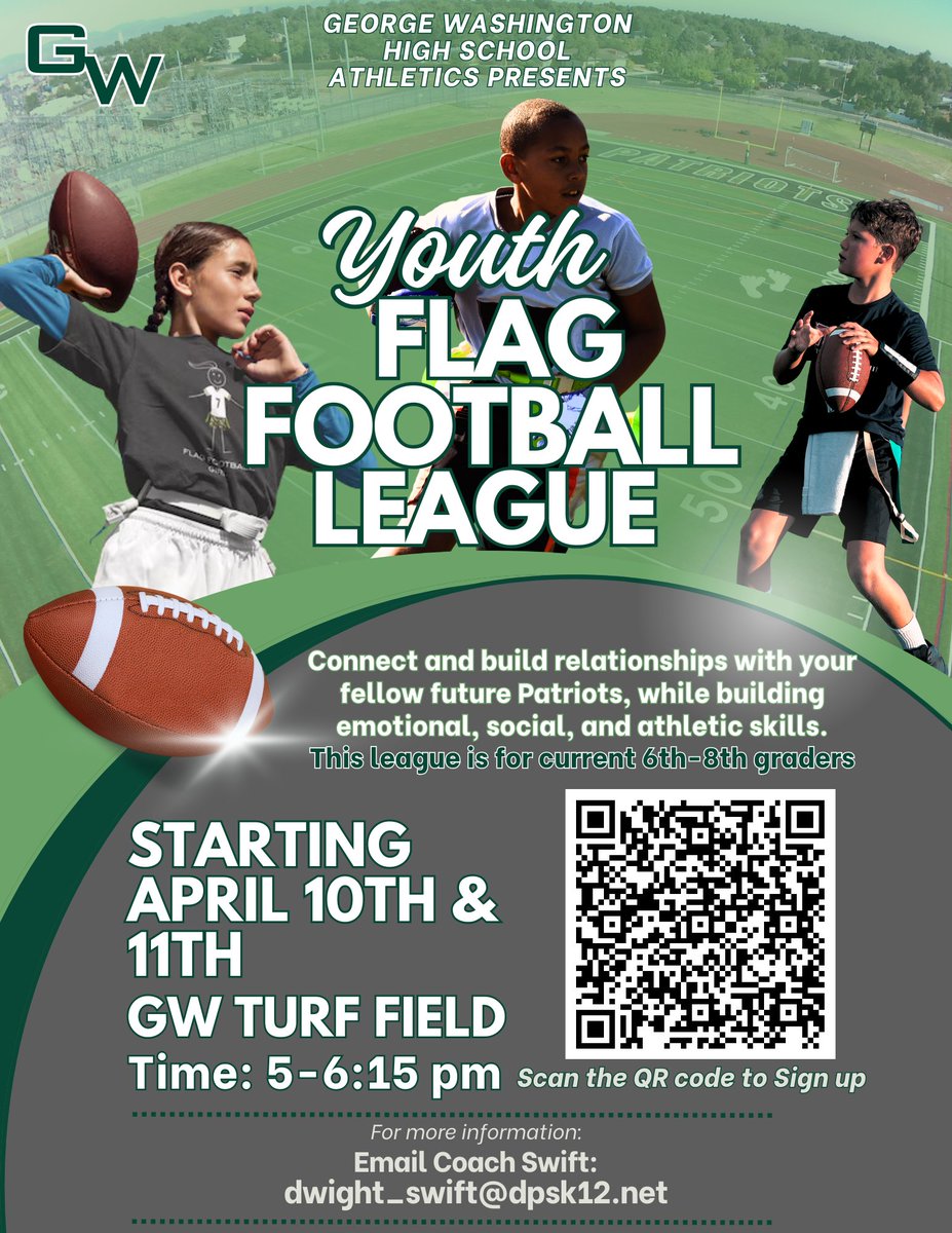 📷 Calling all Future Patriots!!! 📷📷
Exciting news ahead! GW is thrilled to announce our inaugural Middle School Youth Flag Football Team event! Attention all 6th-8th graders from our Feeder Middle Schools: this is your chance to shine on the field this Spring!