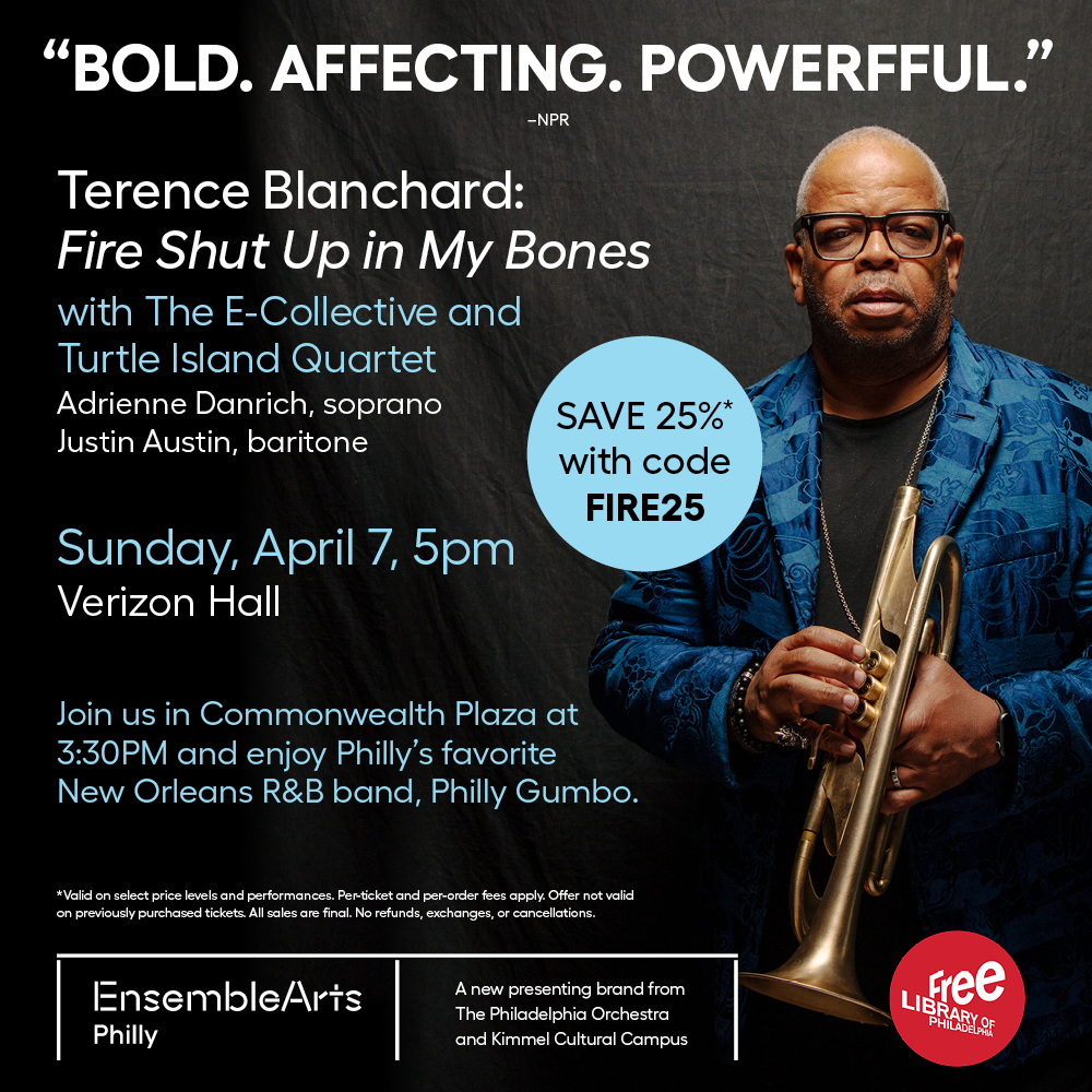 There is still time to buy tickets to see award-winning composer Terence Blanchard live in concert this Sunday, April 7! Use #PatronPerks code “FIRE25” from the Free Library and @ensembleartsphl for a discounted rate on select seats! libwww.freelibrary.org/blog/post/5200