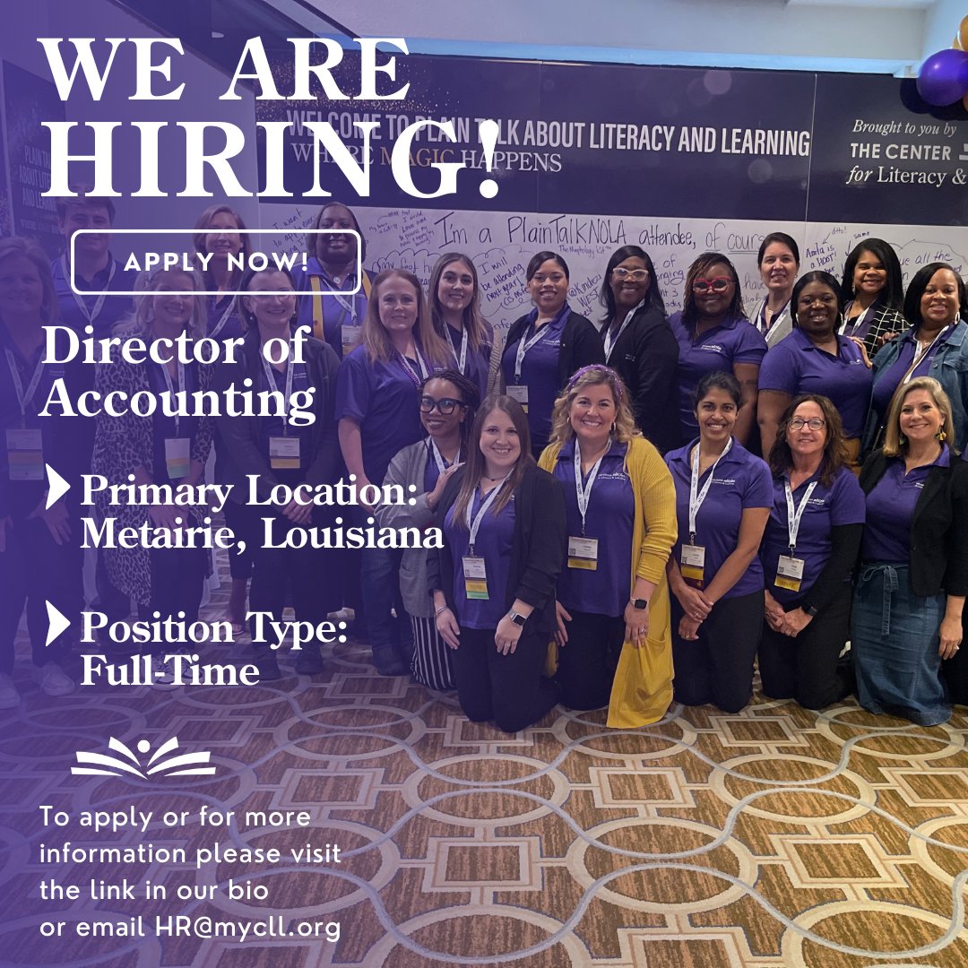 The Center is hiring! We are looking for a full-time Director of Accounting in our Metairie office. For more information or to apply please visit the link in our bio or at mycll.org/careers/.