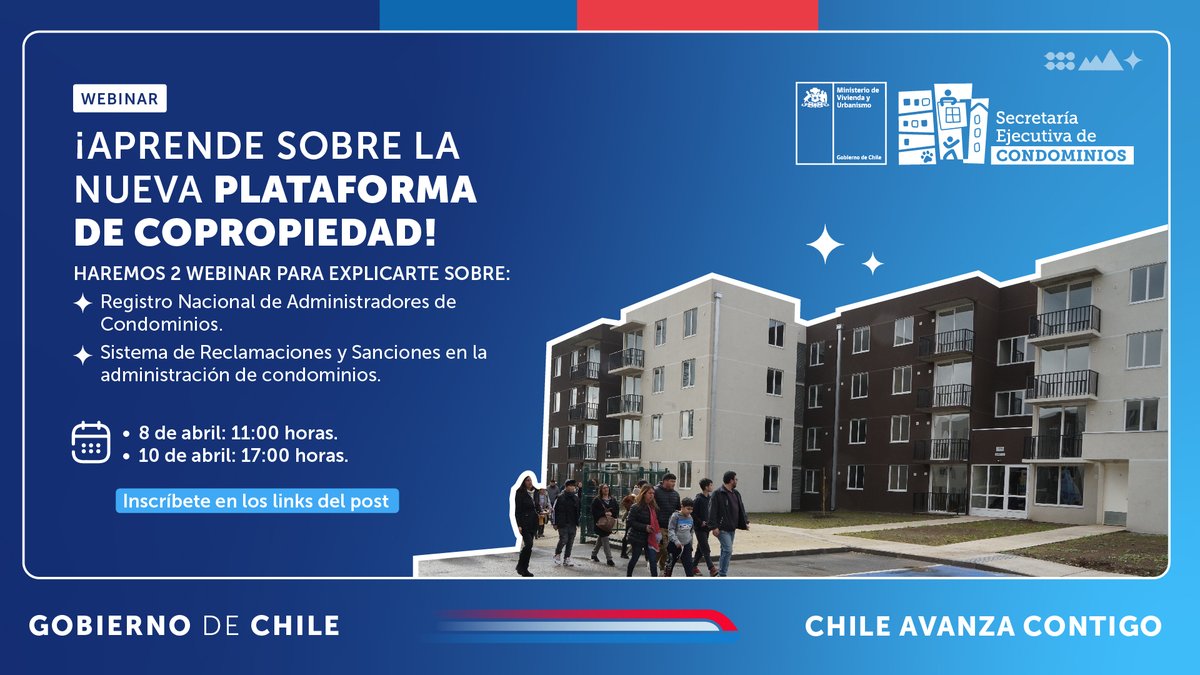 Minvu's tweet photo. 📢 ¡Aprende sobre la nueva Plataforma de Copropiedad! 

Haremos 2 webinar para explicarte cómo funciona y qué puedes hacer en https://t.co/gI2ZRb7XjH 🤳

📌 Inscríbete acá para el lunes 8: 
https://t.co/MraRTPFhcl

📌 Inscríbete acá para el miércoles 10:
https://t.co/1zjU33n6qW https://t.co/rAJEnSsnmg