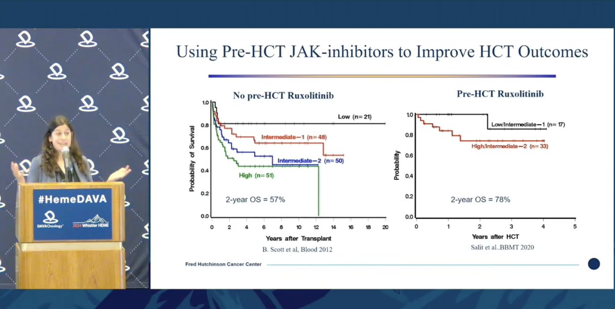 Dr. Rachel Salit discusses the OS benefit of using JAK-inhibitors prior to HCT to minimize risks specific to MF pts such as BM fibrosis and splenomegaly Ruxolitinib is now approved for treatment of GVHD, demonstrating utility of continuing JAK-inhibitors after transplant
