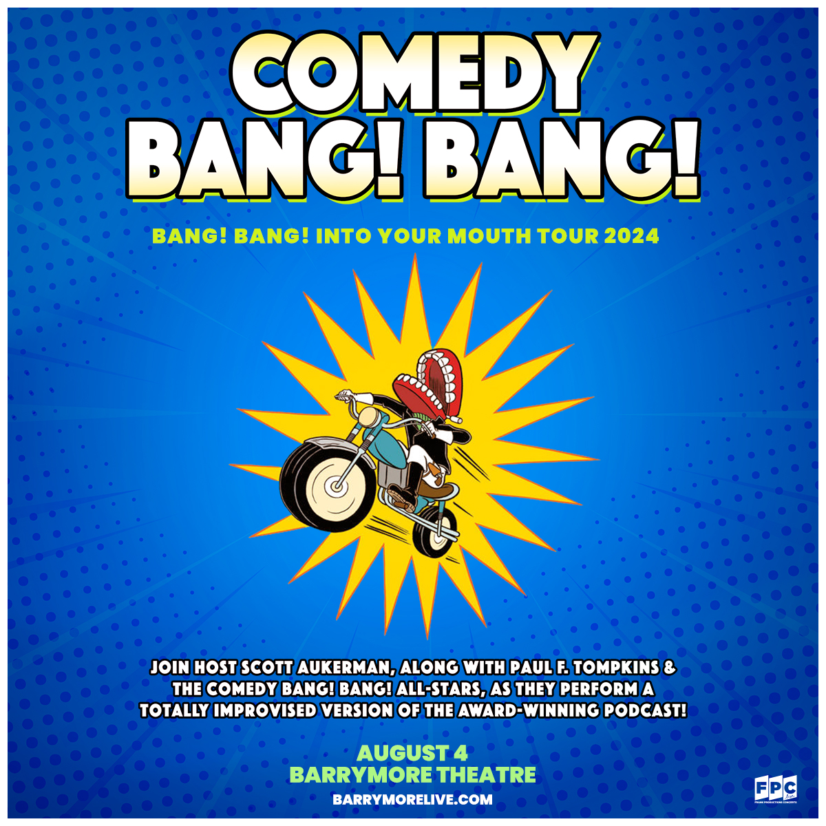 FPC Live (@fpclivemusic) on Twitter photo Just Announced! <a href="/ComedyBangBang/">Comedy Bang Bang</a> returns to <a href="/barrymorelive/">Barrymore Theatre</a> on August 4! Join host Scott Aukerman, along with Paul F. Tompkins + more as they perform a totally improvised version of the award-winning podcast!
Tickets on sale Fri, April 12 at 10am: bit.ly/CBBMadison2024 Just Announced! <a href="/ComedyBangBang/">Comedy Bang Bang</a> returns to <a href="/barrymorelive/">Barrymore Theatre</a> on August 4! Join host Scott Aukerman, along with Paul F. Tompkins + more as they perform a totally improvised version of the award-winning podcast!
Tickets on sale Fri, April 12 at 10am: bit.ly/CBBMadison2024