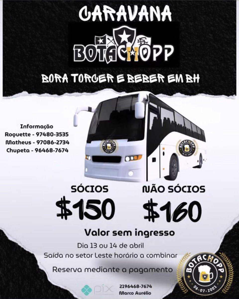 Botachoppoficia's tweet photo. A BOTACHOPP VAI TORCER E BEBER EM MINAS!

A caravana da Botachopp está disponível. Entre em contato com os responsáveis.

NUM PORRE DE PAZ E AMIZADE 🍻 https://t.co/jm3ngROI0G