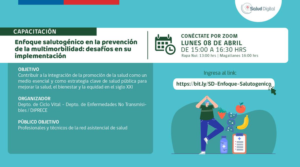 Te invitamos a participar de la capacitación 'Enfoque salutogénico en la prevención de la multimorbilidad: desafíos en su implementación'

🗓️El lunes 08 de abril de 15:00 a 16:30 hrs.

💻Vía Zoom, pronto el enlace de la capacitación.