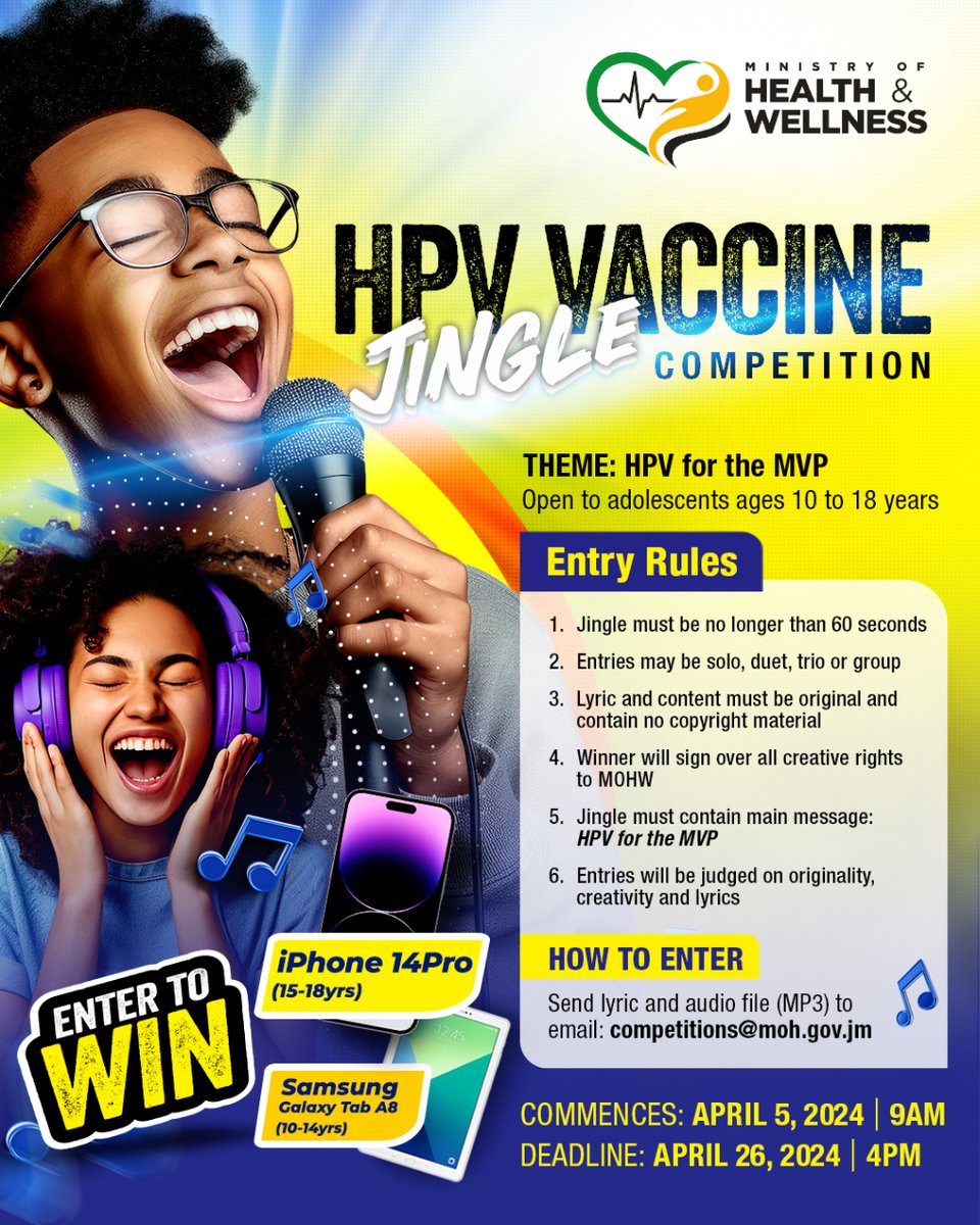 Calling all creative teens ages 10-18! 😁 Join our HPV Vaccination Jingle Competition and spread the message: 'HPV for the MVP” 😎 Show off your talent 🎙️ for a chance to win cool prizes! 📱🎁 Submit your 60-second jingle by April 26, 2024, at 4 PM.