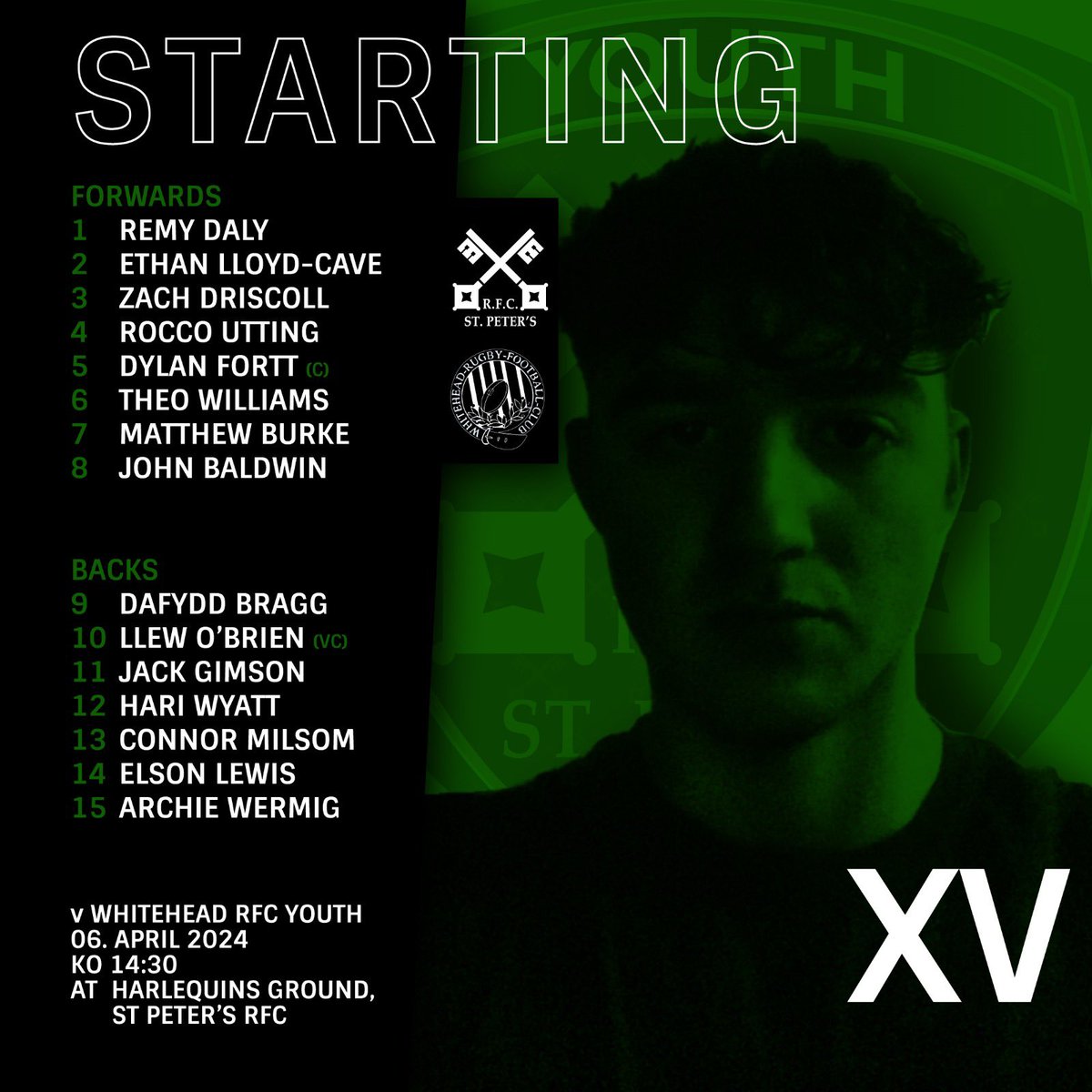 Starting XV for tomorrow’s development game: 🏉 @WhiteheadsRFC Youth 📆 06/04/2024 ⏰ 14:30 🏟️ @stpetersrfc 🏆 Youth Development Game #grassroots #rugby #cardiff #wales