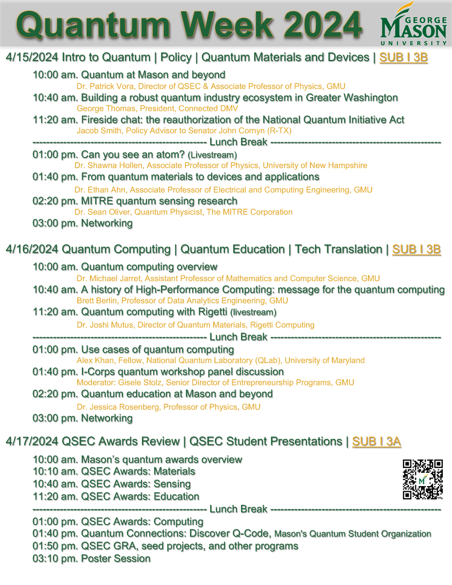 Mason QSEC (@gmu_qsec) on Twitter photo Mason #QuantumWeek is coming! Sign up and join us to find out more about quantum research/education at
<a href="/GeorgeMasonU/">George Mason University</a> and career opportunities beyond.
qsec.gmu.edu/events/qw/
<a href="/GMU_COS/">College of Science</a>
<a href="/GMUDigitalInnov/">Institute for Digital InnovAtion</a>
<a href="/Mason_CEC/">Mason CEC</a>
<a href="/WorldQuantumDay/">World Quantum Day</a> Mason #QuantumWeek is coming! Sign up and join us to find out more about quantum research/education at
<a href="/GeorgeMasonU/">George Mason University</a> and career opportunities beyond.
qsec.gmu.edu/events/qw/
<a href="/GMU_COS/">College of Science</a>
<a href="/GMUDigitalInnov/">Institute for Digital InnovAtion</a>
<a href="/Mason_CEC/">Mason CEC</a>
<a href="/WorldQuantumDay/">World Quantum Day</a>