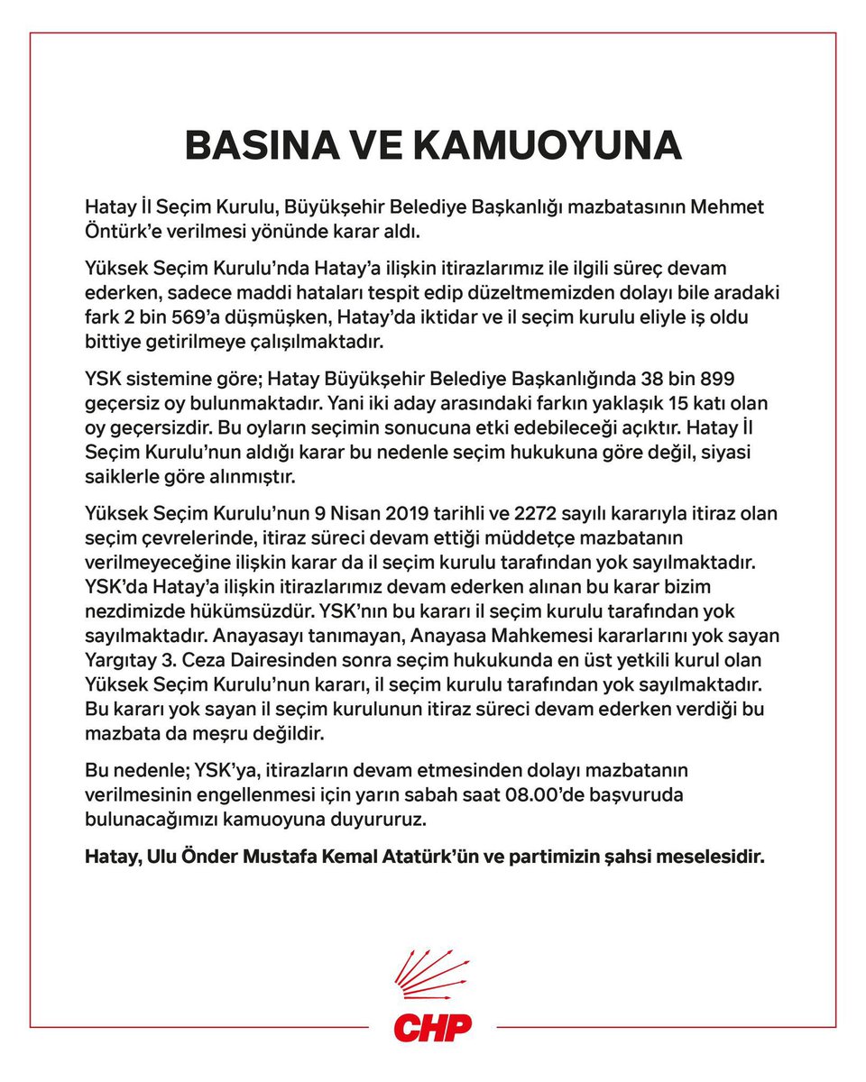 Hatay İl Seçim Kurulu’nun itirazlar devam ederken işi oldu bittiye getirerek AK Parti adayına mazbata verme girişimi hukuksuzdur ve bizim nezdimizde hükümsüzdür. @herkesicinCHP @eczozgurozel @DrErkol