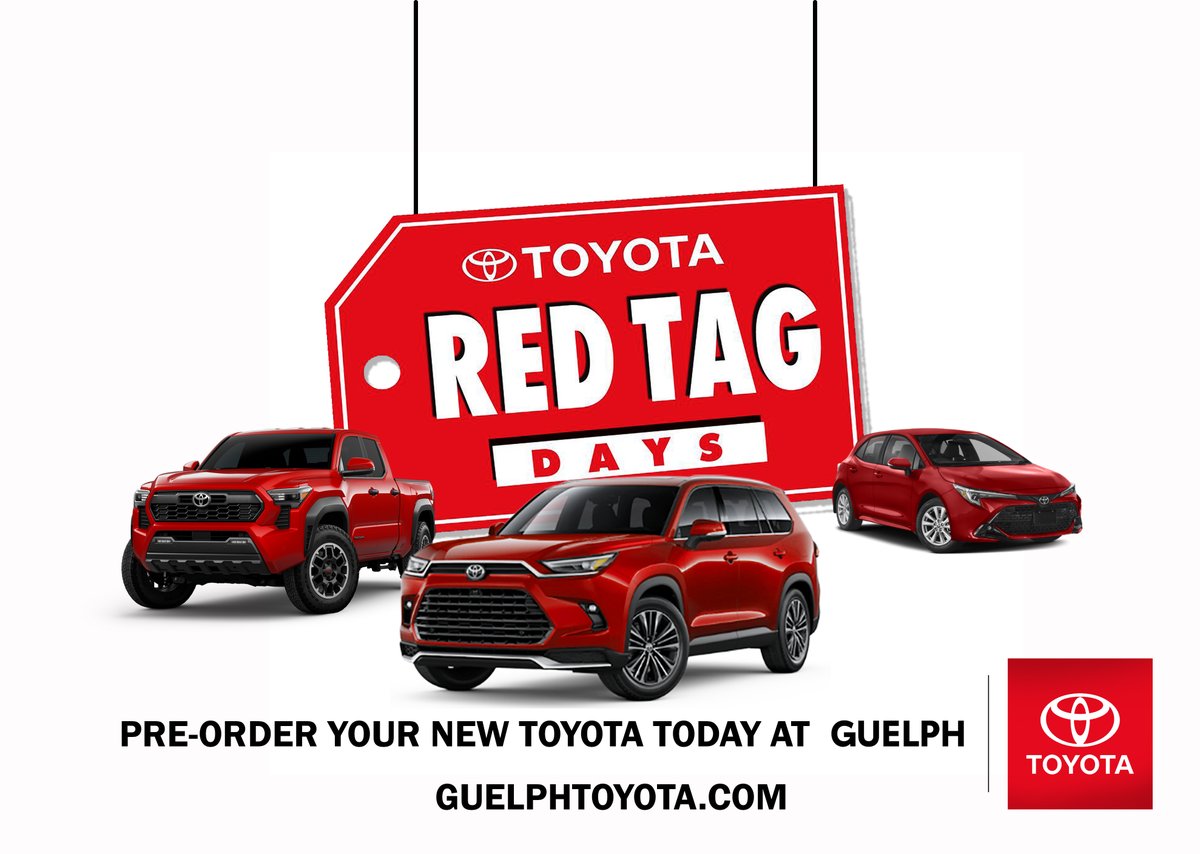 Pre-Order your New Toyota today @GuelphToyota Red Tag Days are back! #guelph #toyota #guelphtoyota #redtag #deals #preorder #newtoyota #newcarsales #toyotasales #toyotafamily #localguelph #local #toyotadealership #dealership #dealershiplife #service #sales #parts #detail