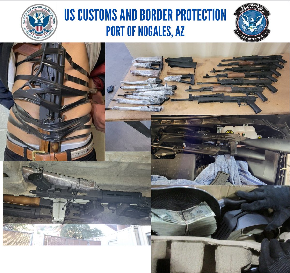 2/19-3/29: In 10 events, CBP officers working outbound operations seized 13 AK style weapons, 4 pistols and over $50,000 in cash destined to Mexico to support Transnational Criminal Organizations. Concealment methods included strapped to torso, undercarriage, and in cookware.