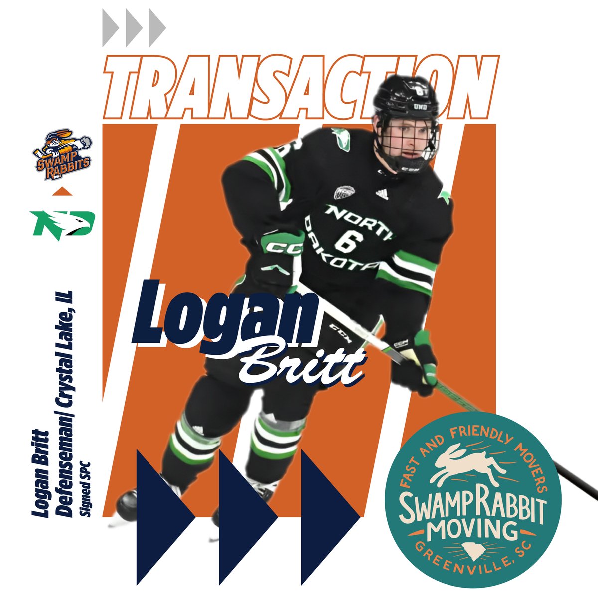 Greenville Swamp Rabbits (@swamprabbits) on Twitter photo 🚨Pregame Swamp Rabbit Moving Transaction alert!🚨
The Swamp Rabbits have signed former <a href="/UNDmhockey/">North Dakota Hockey</a> defenseman Logan Britt! He will make his professional debut tonight and wear #29.
READ MORE: swamprabbits.com/news/2024/04/l… 🚨Pregame Swamp Rabbit Moving Transaction alert!🚨
The Swamp Rabbits have signed former <a href="/UNDmhockey/">North Dakota Hockey</a> defenseman Logan Britt! He will make his professional debut tonight and wear #29.
READ MORE: swamprabbits.com/news/2024/04/l…