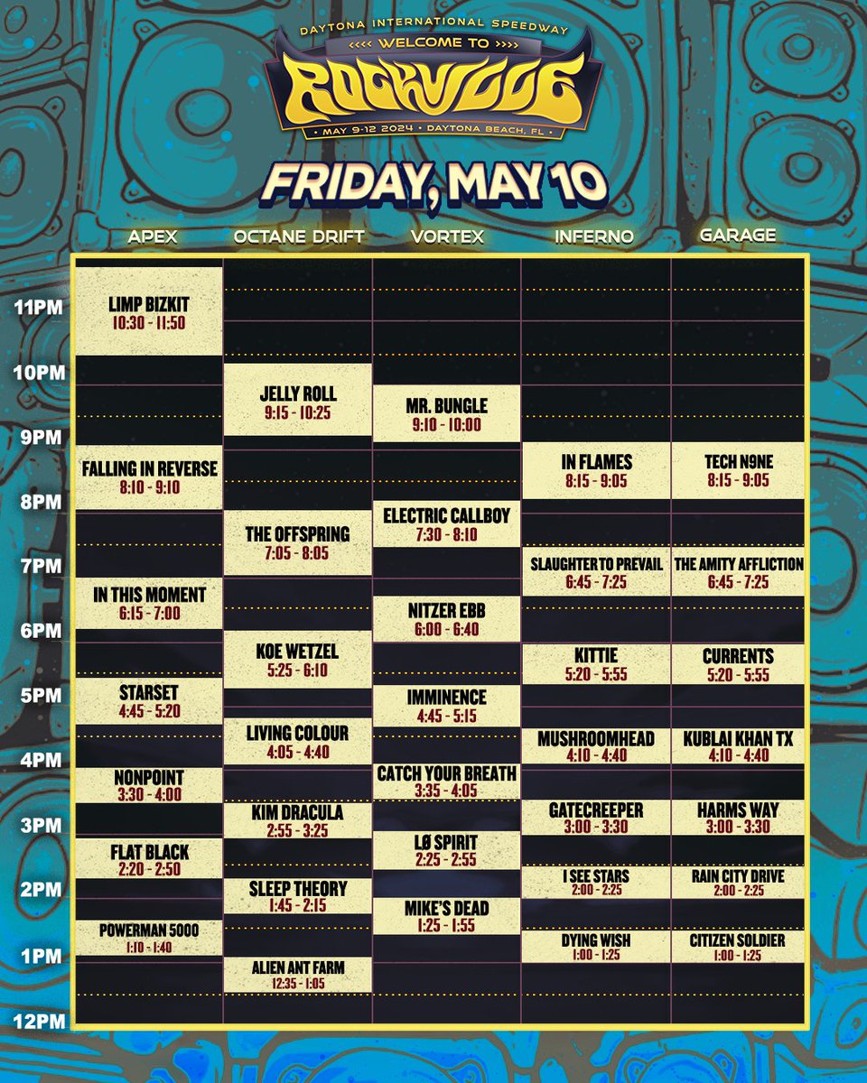 And another one! Friday set times are here and it’s time to kick things into high gear. Heads up, Polaris and Kid Kapichi are no longer able to join the party but we’re still ready to catch sets from @limpbizkit, @JellyRoll615, @MrBungle, and more as they tear up our stages at