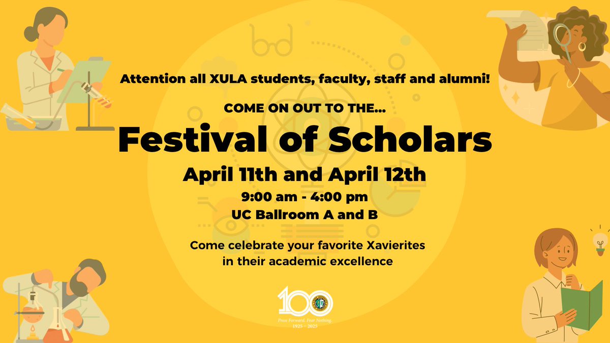 #XULA, the Festival of Scholars is back! On April 11th and 12th, @curgo_xula hosts its campus-wide exhibition filled with peer presentations, collaborative talks, & performances.   Let’s come together to celebrate research & creative work produced by Xavier students & faculty.