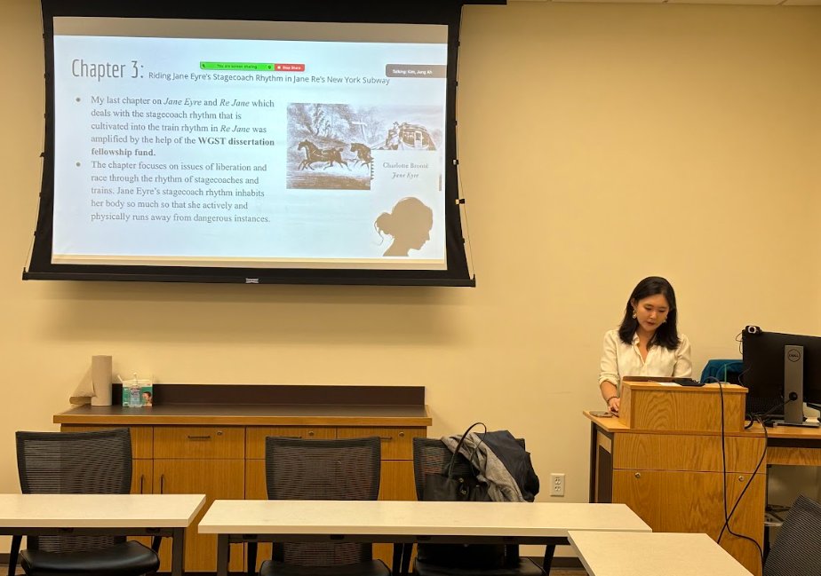 PhD student Jungah Kim was awarded the 2023 WGST Dissertation fellowship for her research "Re-Claiming (Lost) Rhythms of Life in Victorian Female Characters."

She presented for the Women's and Gender Studies faculty meeting on April 3rd. Congratulations, Jungah!